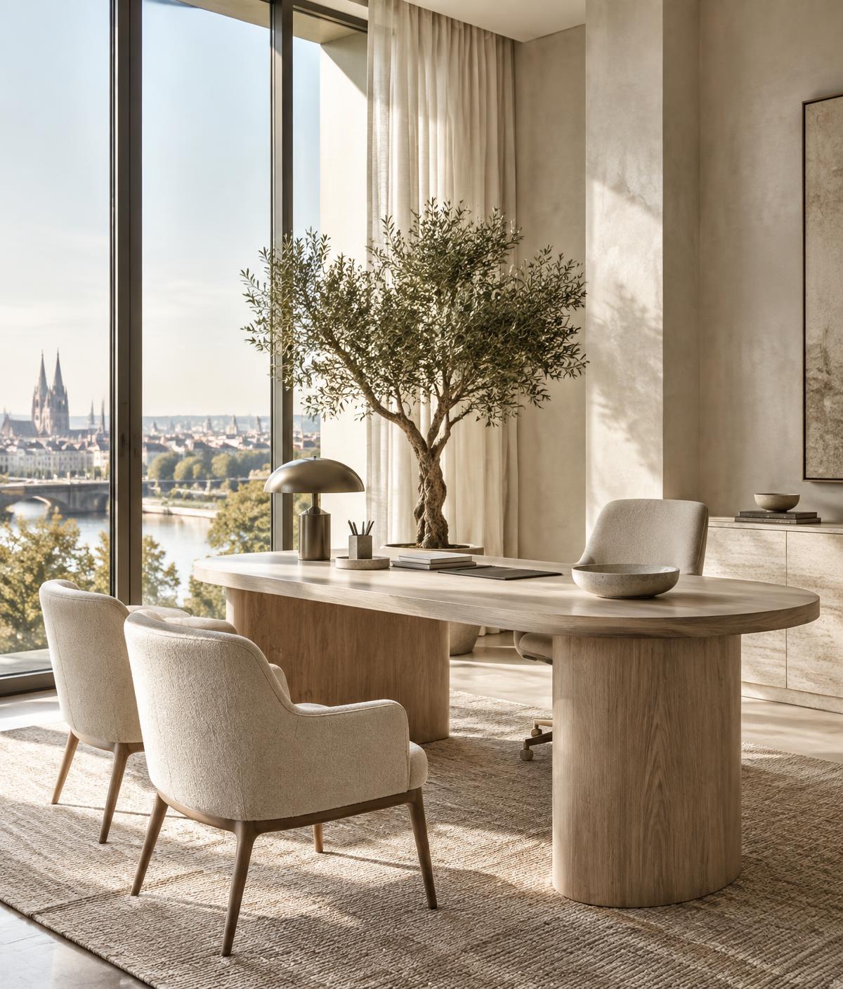 Helles, modernes Büro mit warmem Tageslicht und einem Olivenbaum