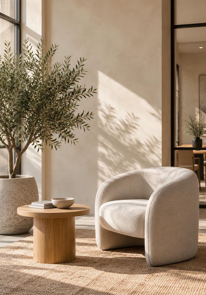 Heller Besprechungsbereich mit Sessel und Olivenbaum